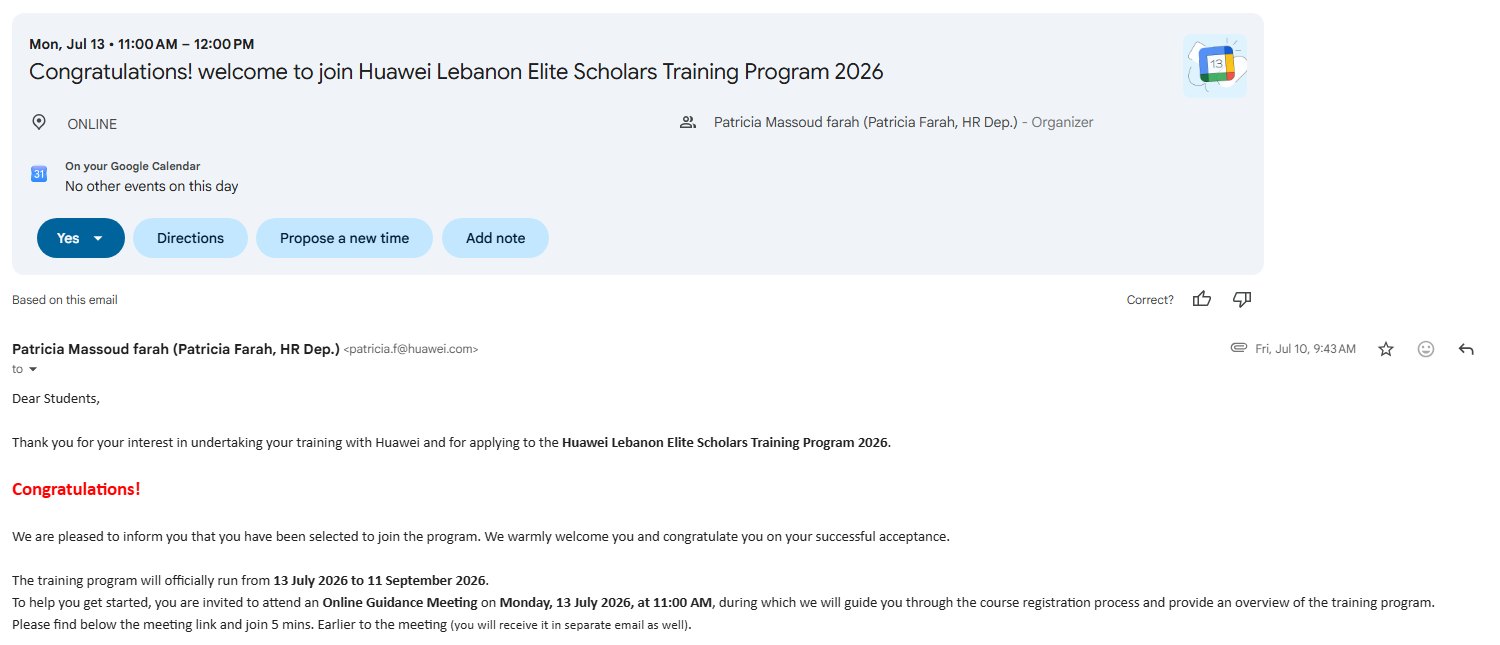 Huawei Lebanon Elite Scholars Training Program acceptance email