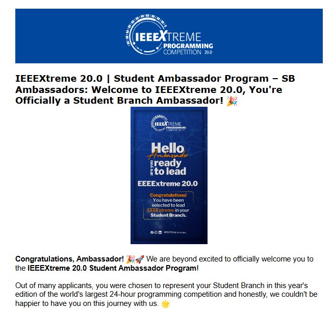 IEEEXtreme 20.0 Student Branch Ambassador acceptance email